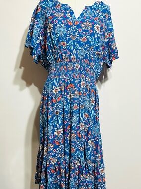 croft & barrow Blue Floral Dress with Smocked Waist